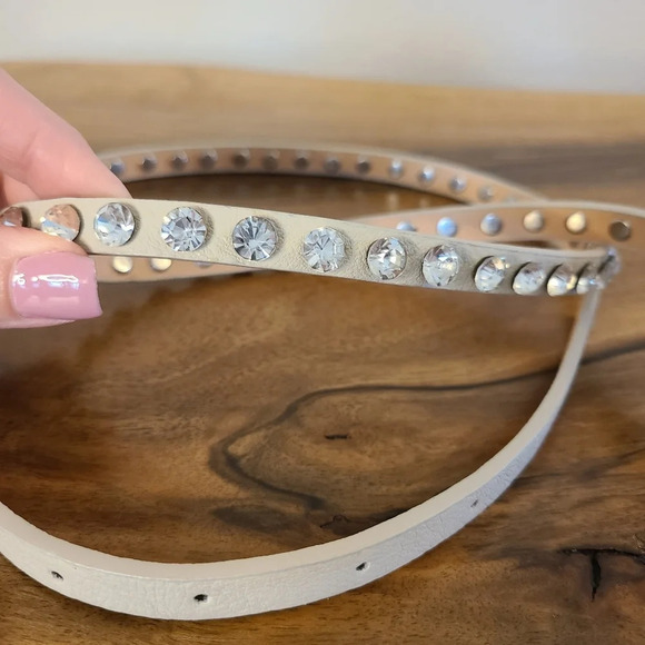 Y2K Ivory Rhinestone Studded Skinny Belt - Picture 4 of 4